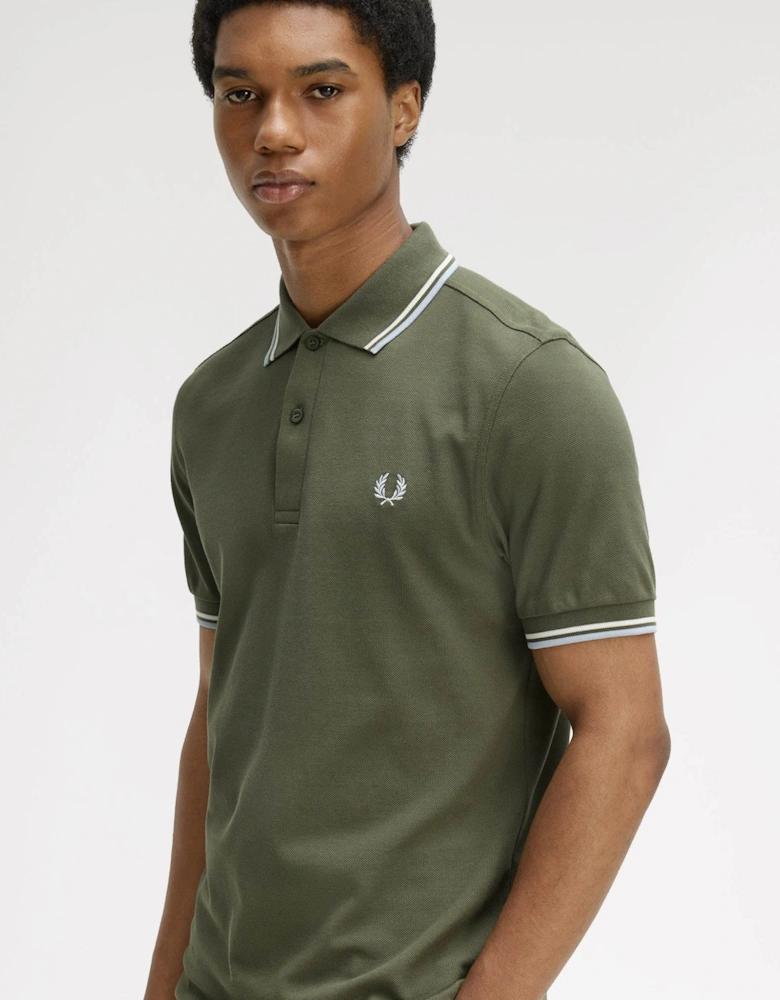 Fred Perry Mens Twin Tipped Signature Polo Shirt - Laurel Wreath Green/Ecru/Dusky Blue 87B