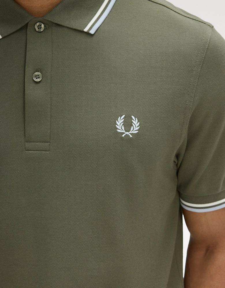 Fred Perry Mens Twin Tipped Signature Polo Shirt - Laurel Wreath Green/Ecru/Dusky Blue 87B