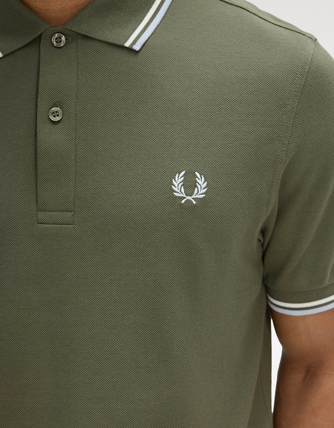 Fred Perry Mens Twin Tipped Signature Polo Shirt - Laurel Wreath Green/Ecru/Dusky Blue 87B