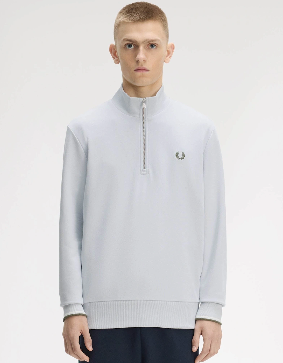 Fred Perry Mens Half Zip Sweatshirt - Dusky Blue/Ecru/Laurel Wreath Green 80B, 7 of 6