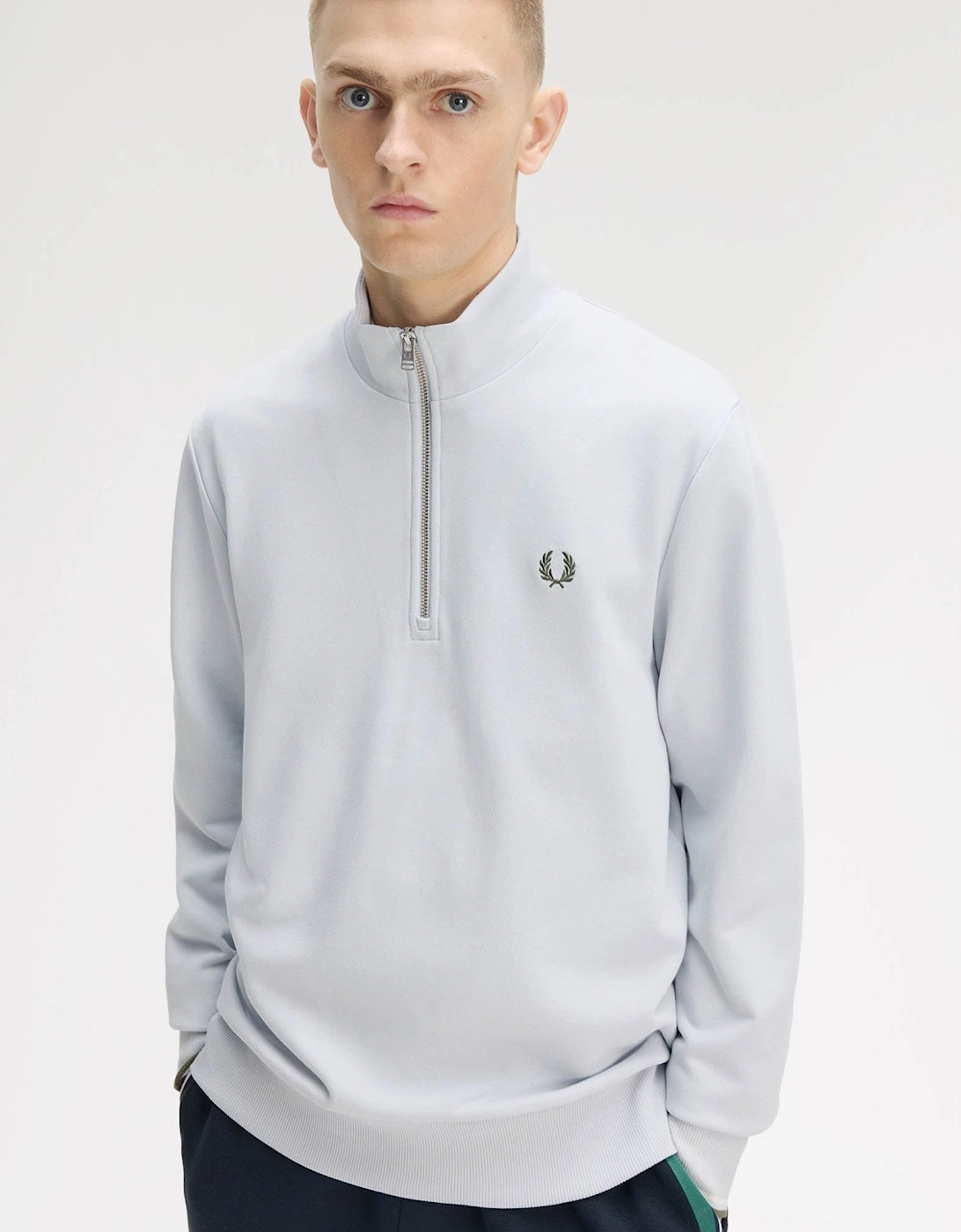 Fred Perry Mens Half Zip Sweatshirt - Dusky Blue/Ecru/Laurel Wreath Green 80B