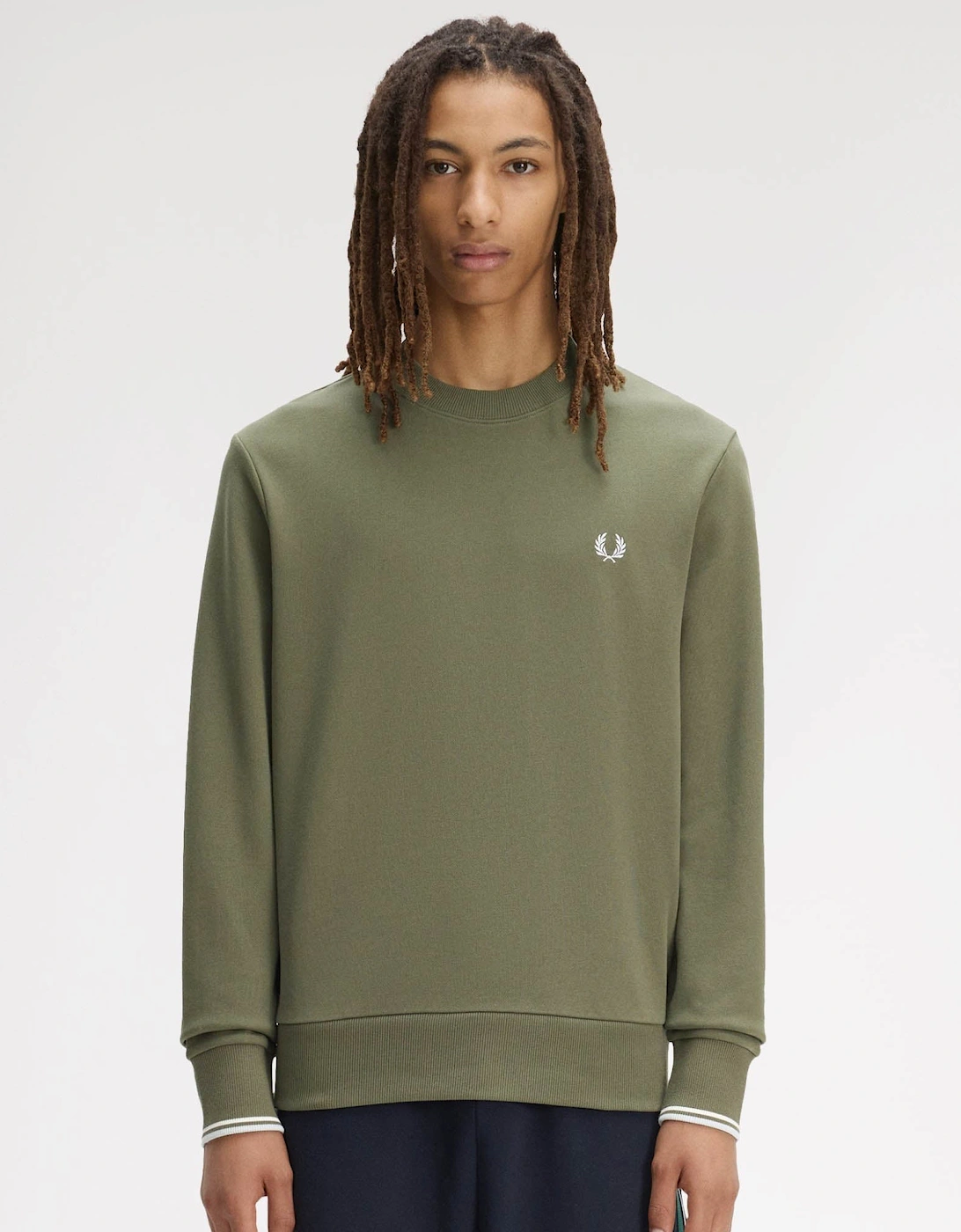 Fred Perry Mens Crew Neck Sweatshirt - Laurel Wreath Green/Ecru/Dusky Blue 87B, 7 of 6