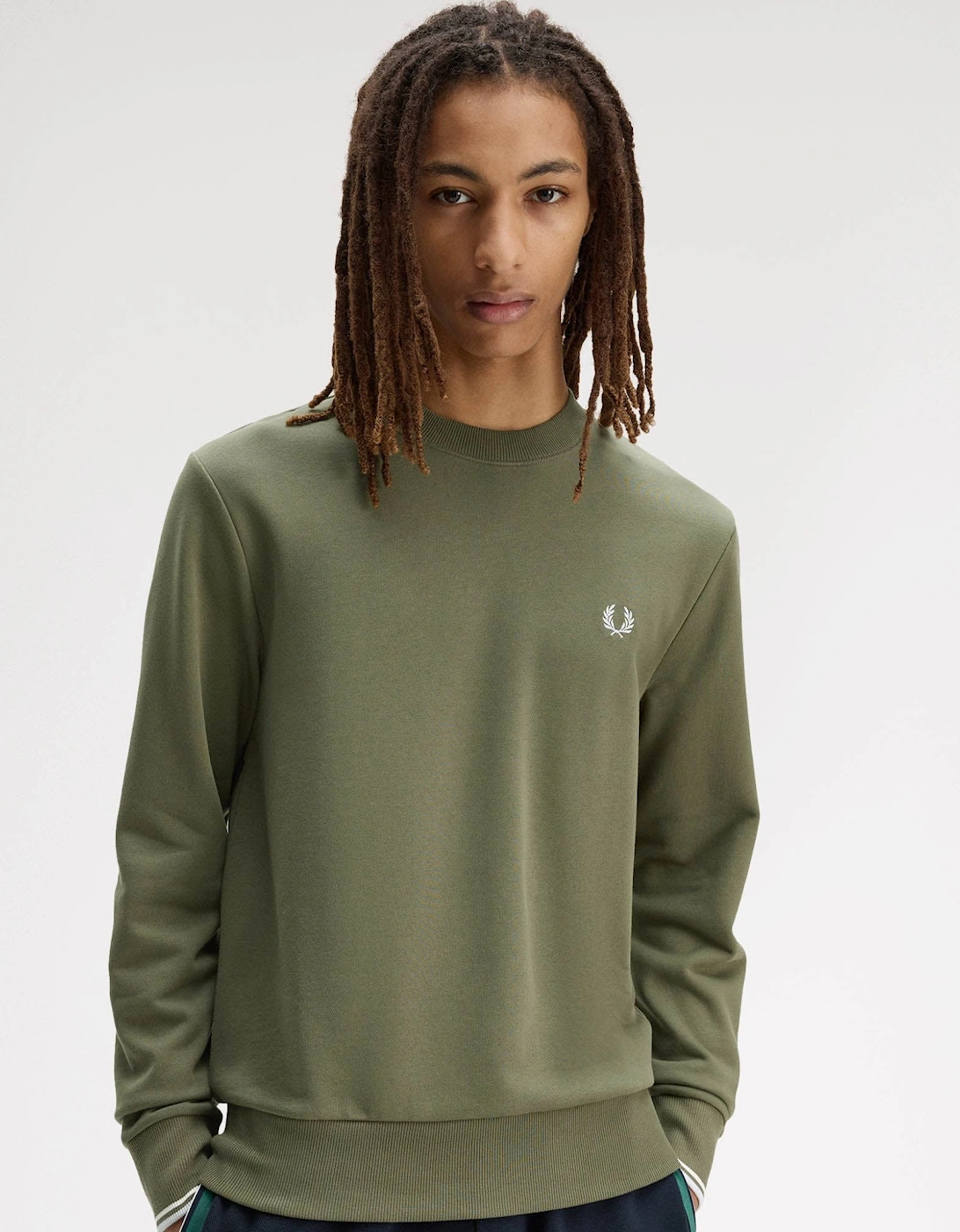 Fred Perry Mens Crew Neck Sweatshirt - Laurel Wreath Green/Ecru/Dusky Blue 87B