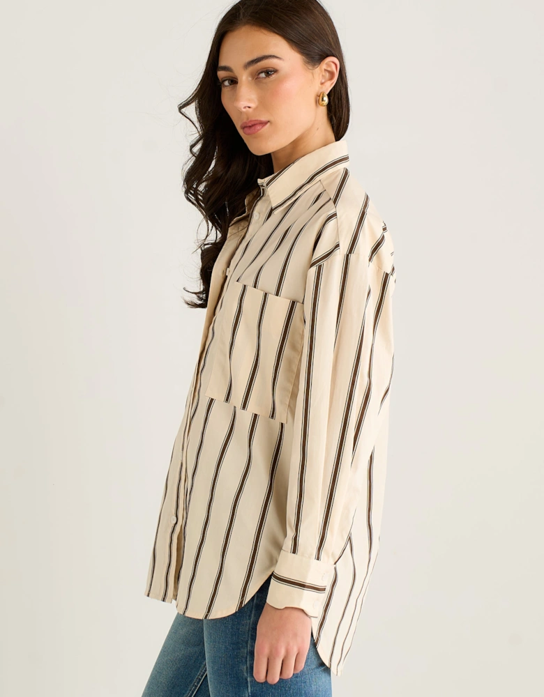 Cream Oversized Neutral Stripe Button-Down Shirt