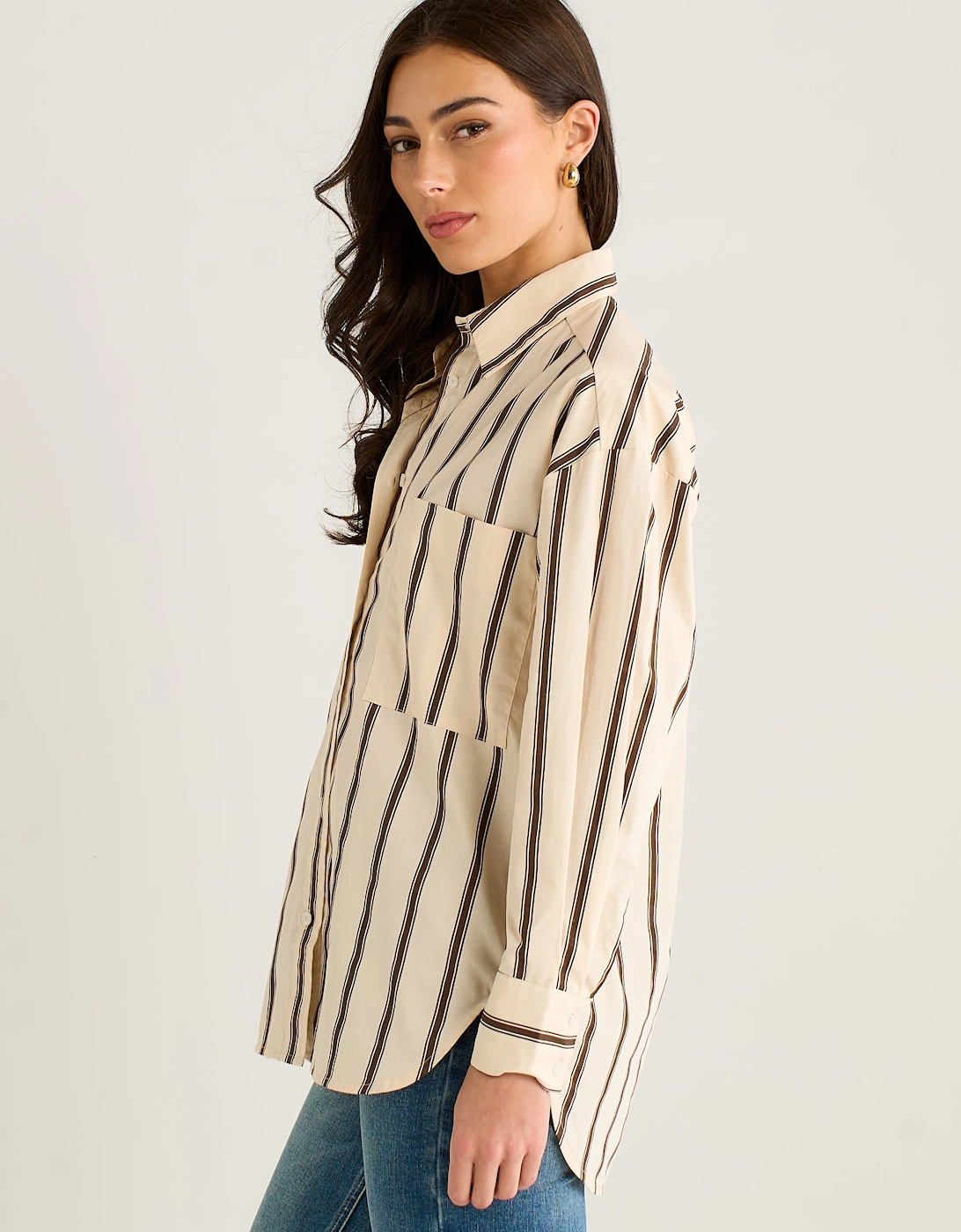 Cream Oversized Neutral Stripe Button-Down Shirt