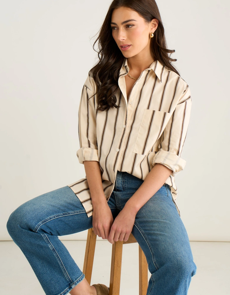 Cream Oversized Neutral Stripe Button-Down Shirt
