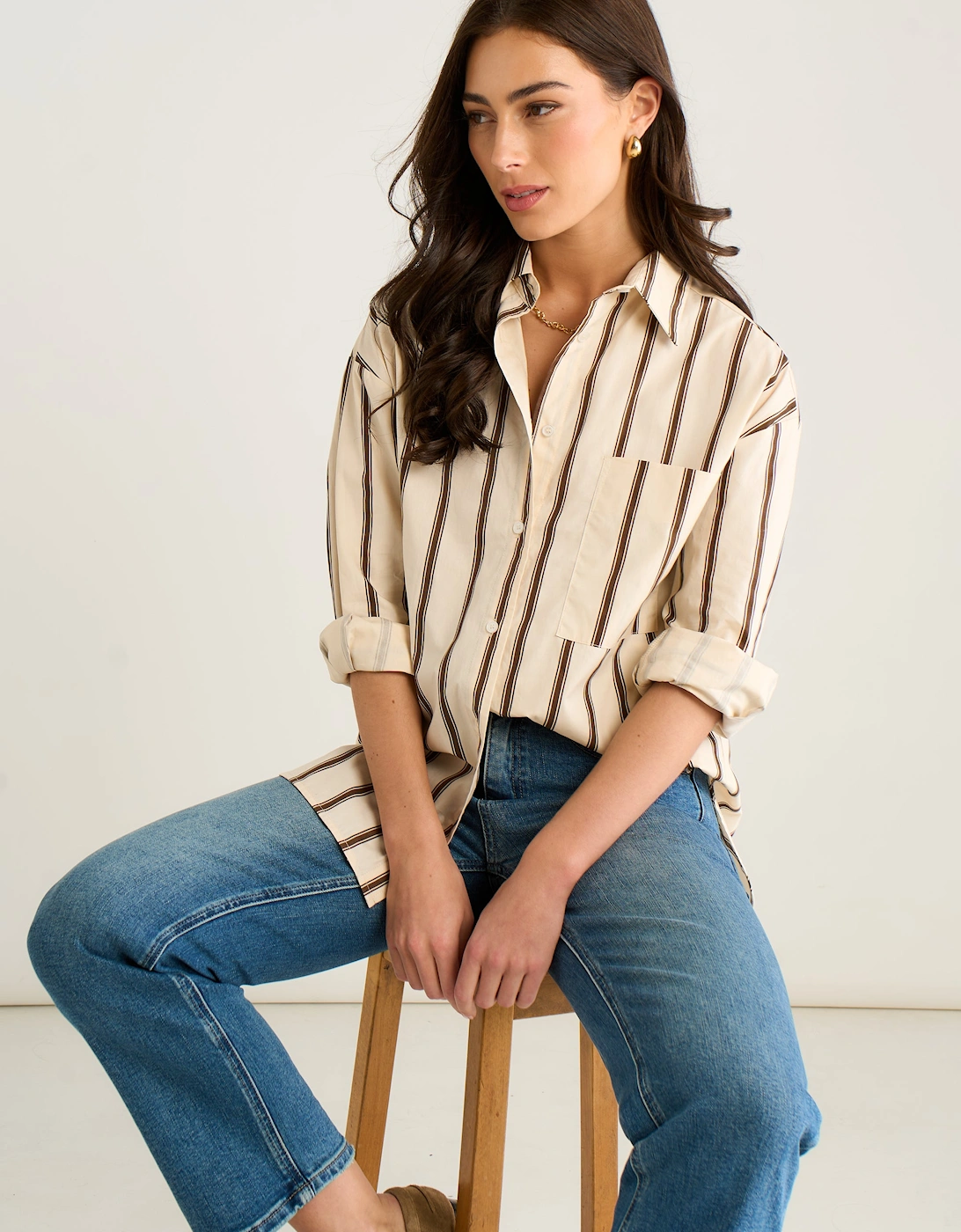 Cream Oversized Neutral Stripe Button-Down Shirt