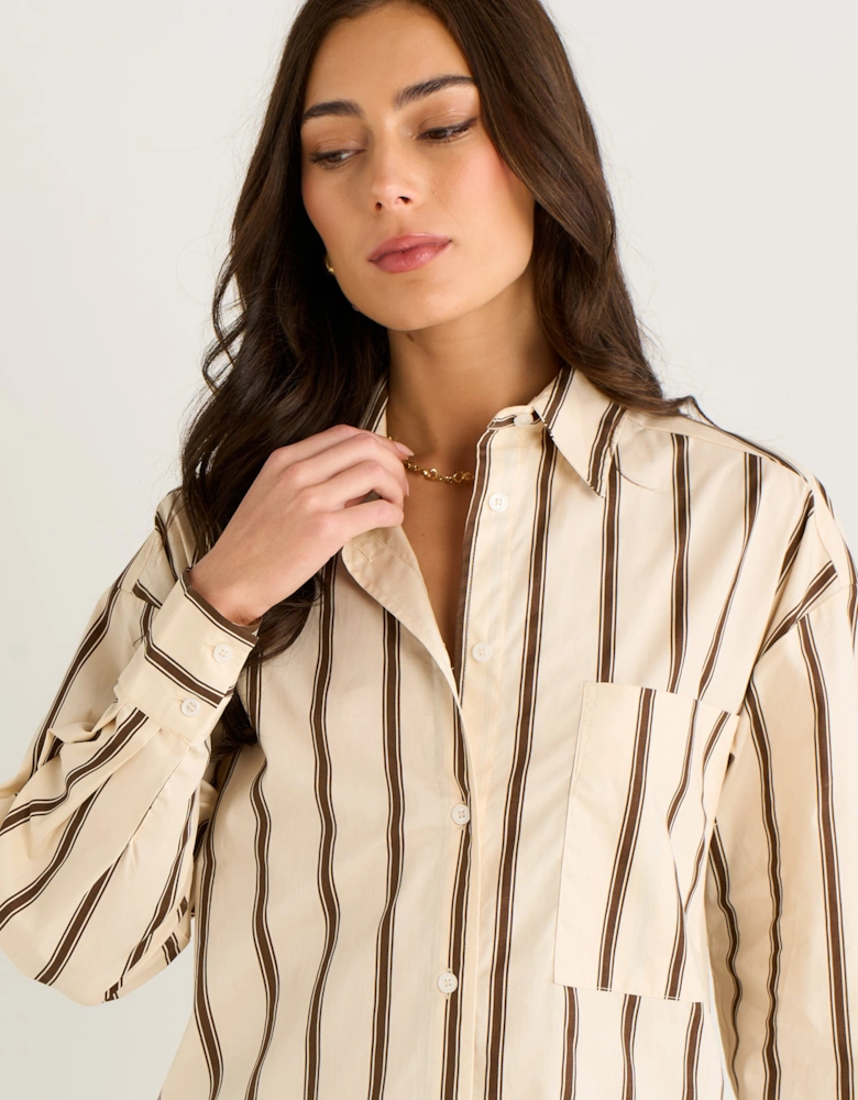 Cream Oversized Neutral Stripe Button-Down Shirt