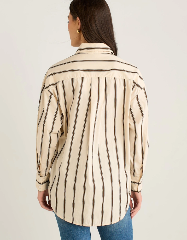 Cream Oversized Neutral Stripe Button-Down Shirt