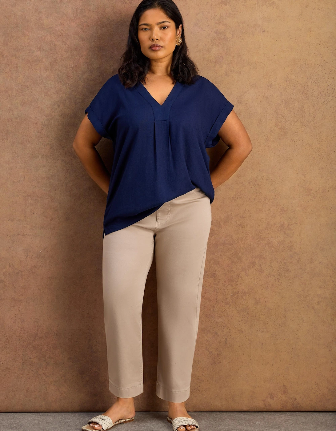 Petite Navy Linen Blend V-Neck Top