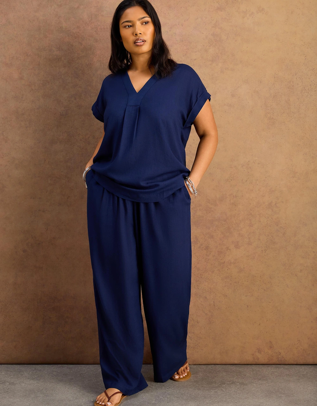 Petite Navy Linen Blend V-Neck Top
