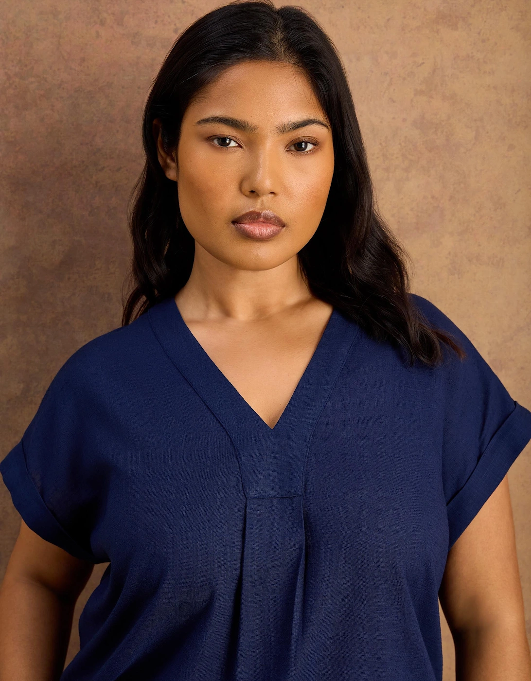 Petite Navy Linen Blend V-Neck Top