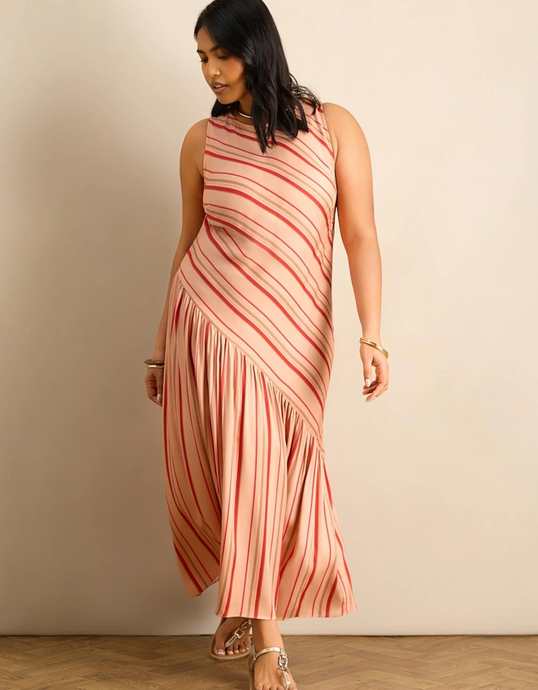 Multi Stripe Asymmetric Sleeveless Maxi Dress