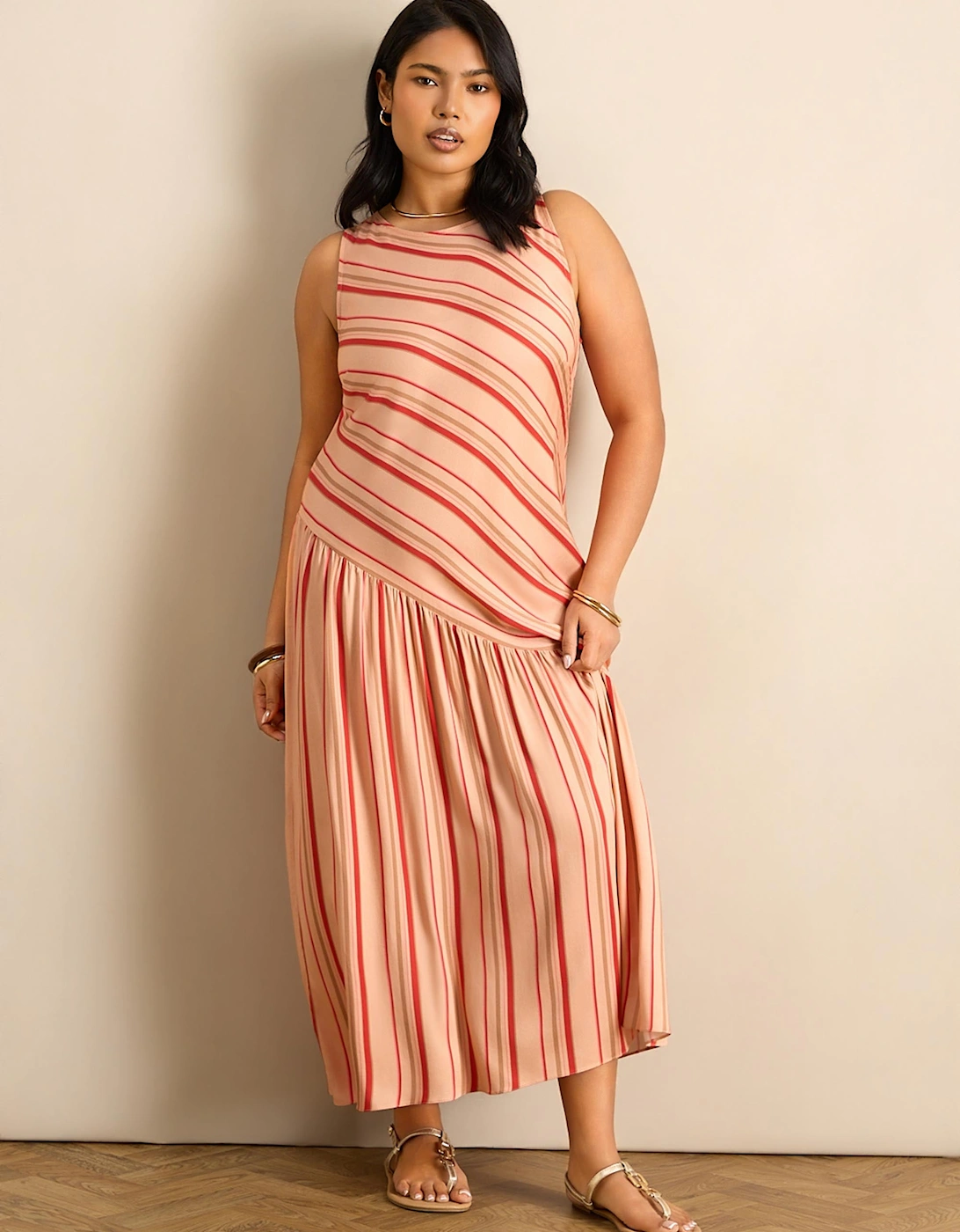 Multi Stripe Asymmetric Sleeveless Maxi Dress
