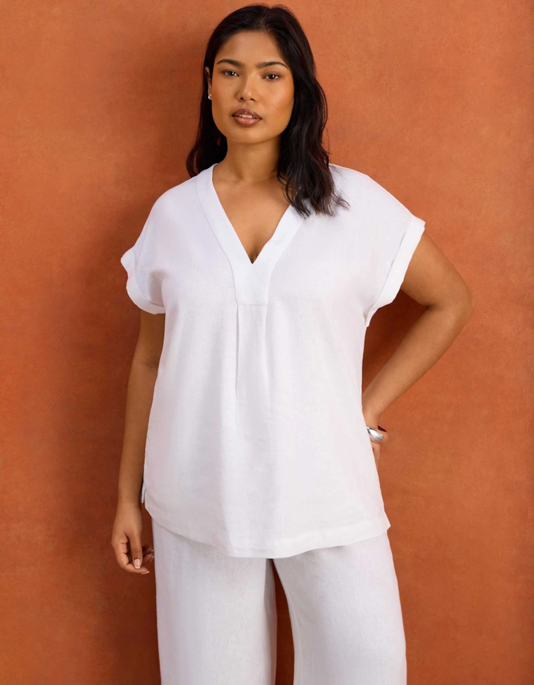 White Linen Blend V-Neck Top