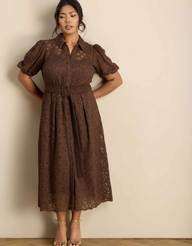 Brown Puff Sleeve Button Through Belted Lace Dress