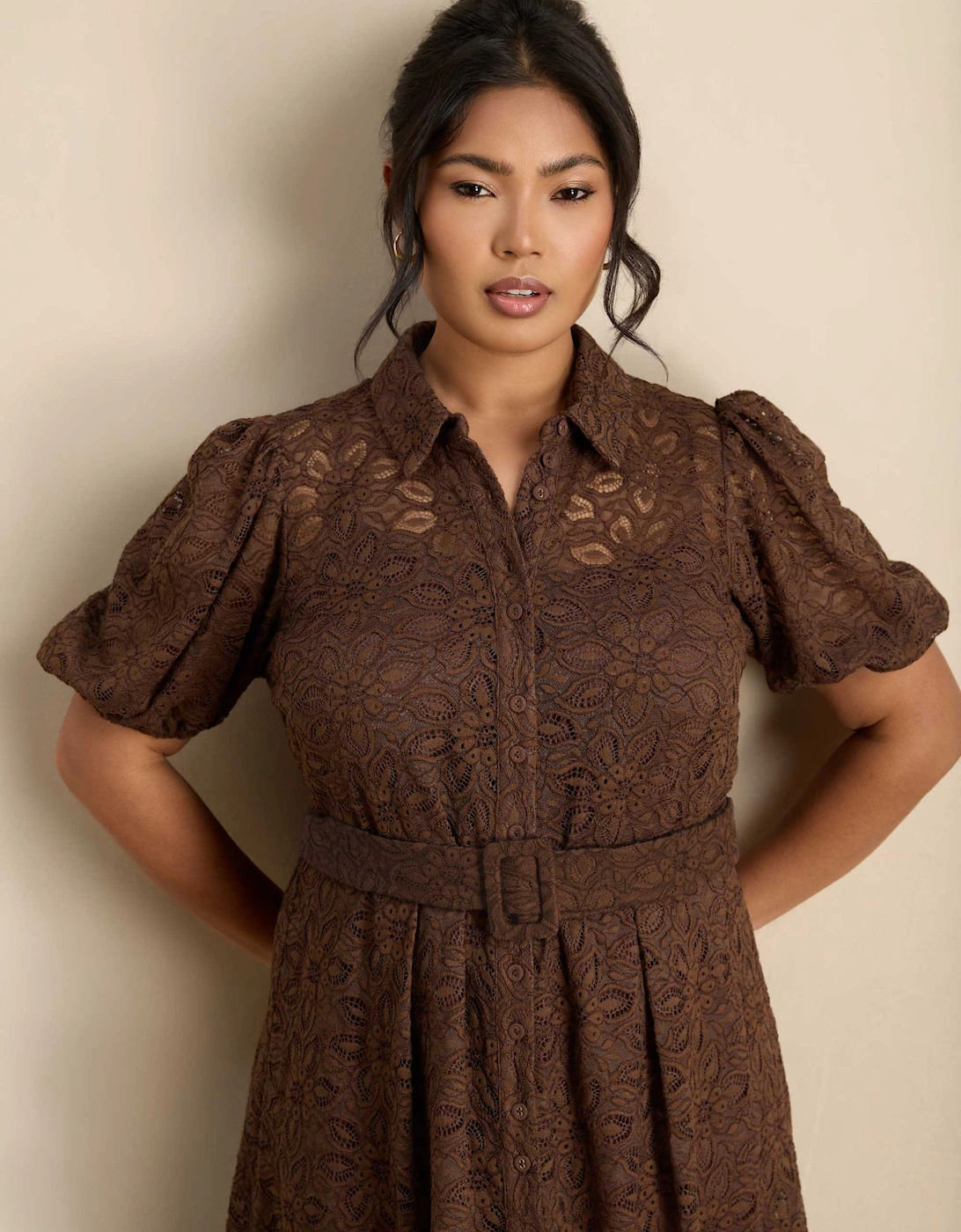 Brown Puff Sleeve Button Through Belted Lace Dress