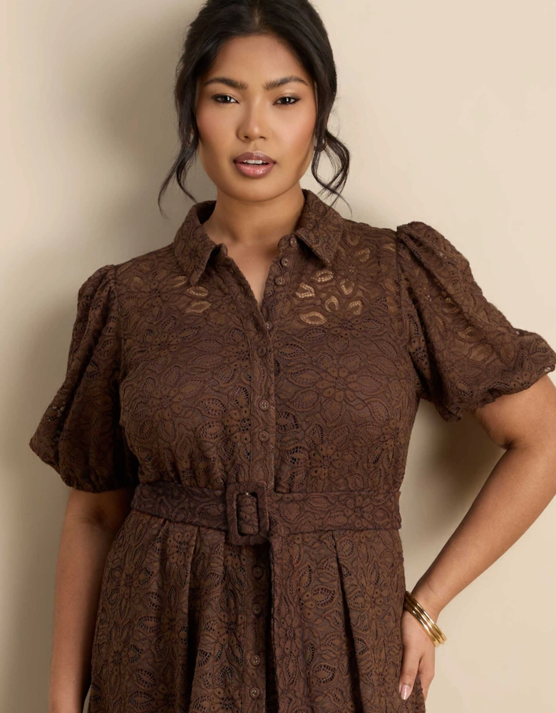 Brown Puff Sleeve Button Through Belted Lace Dress