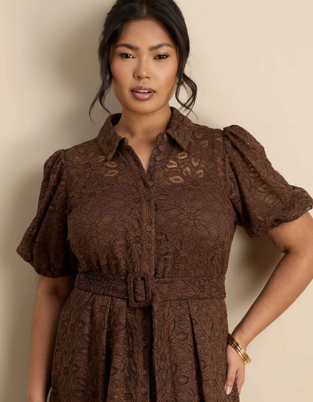 Brown Puff Sleeve Button Through Belted Lace Dress