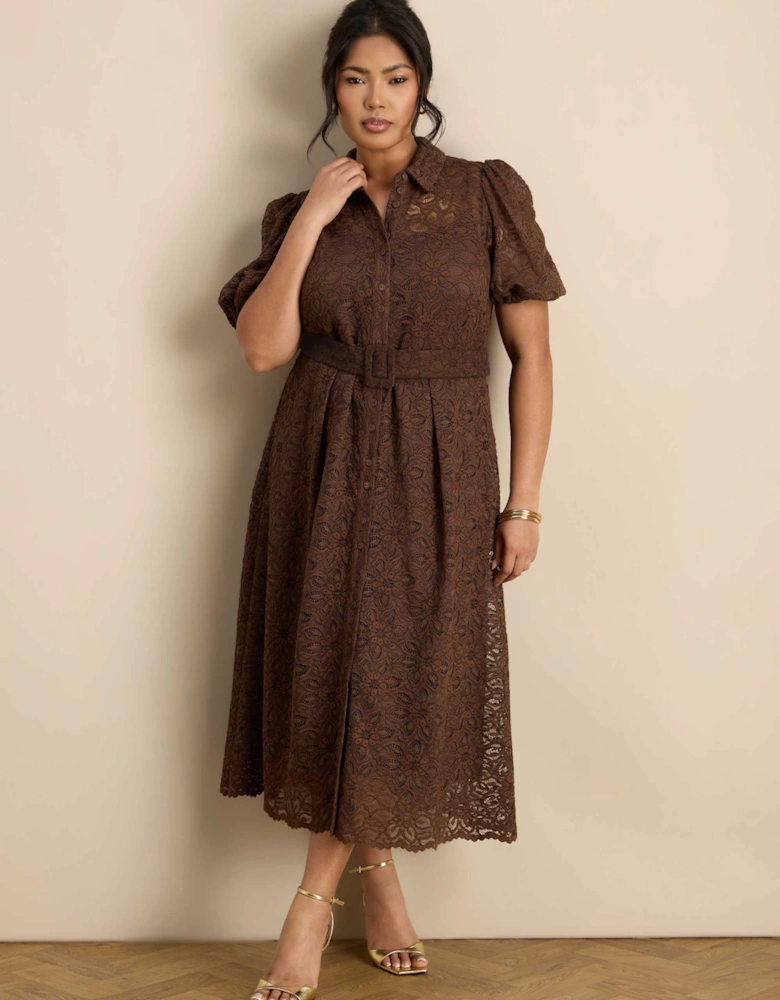 Brown Puff Sleeve Button Through Belted Lace Dress