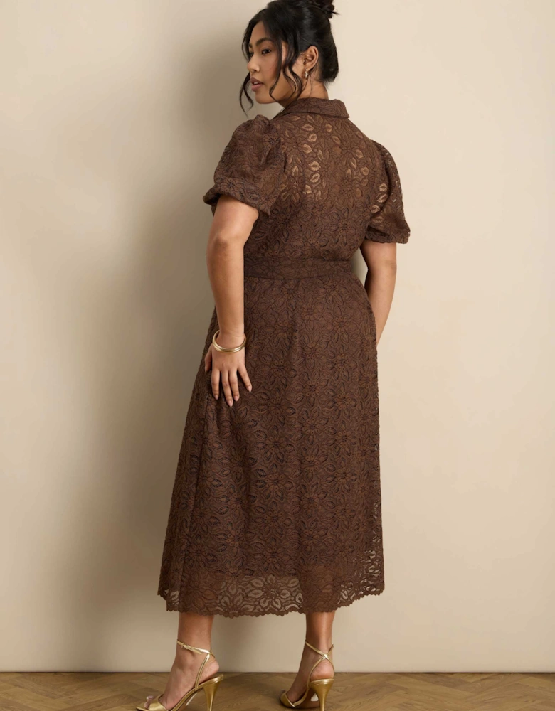 Brown Puff Sleeve Button Through Belted Lace Dress