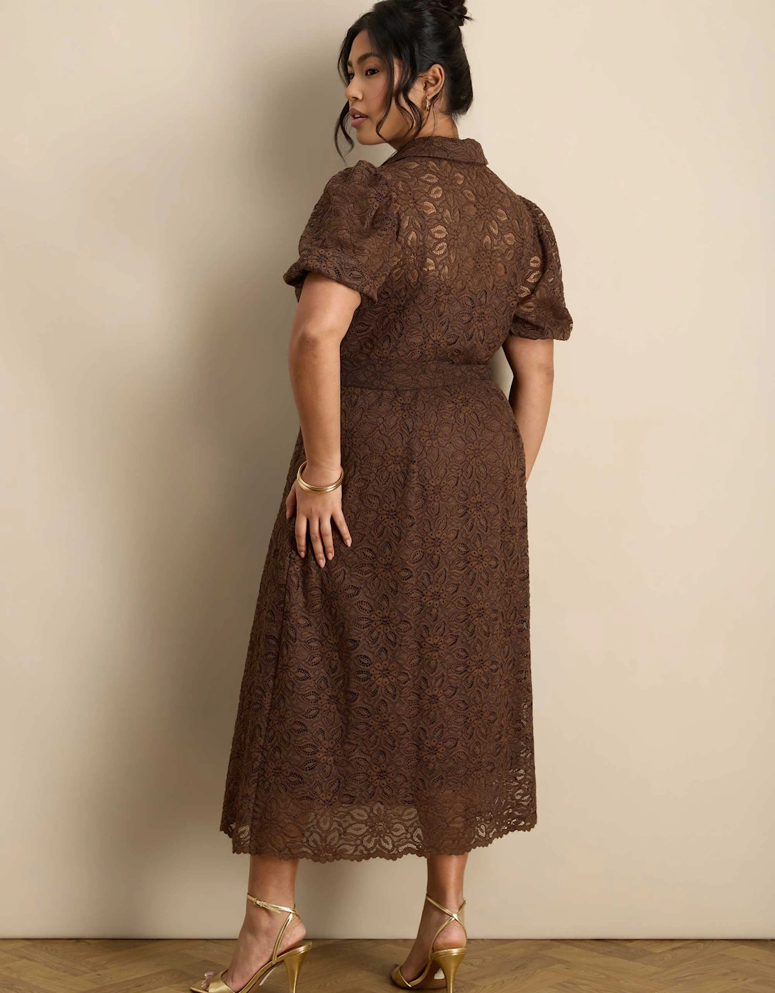 Brown Puff Sleeve Button Through Belted Lace Dress