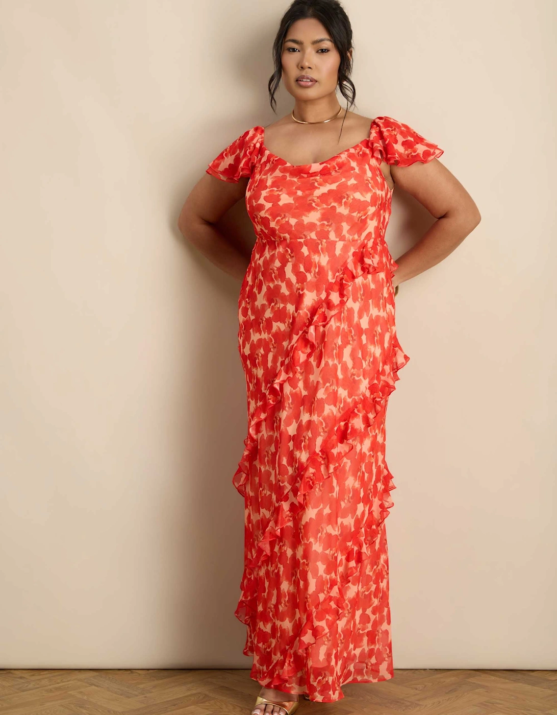 Red Floral Ruffle Sleeve Maxi Dress