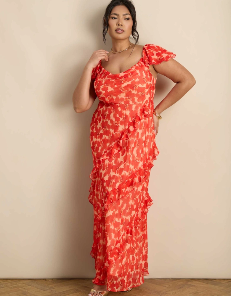 Red Floral Ruffle Sleeve Maxi Dress