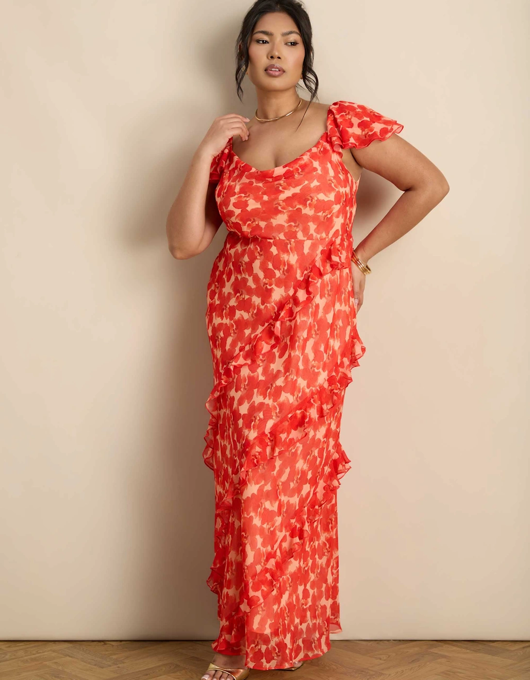 Red Floral Ruffle Sleeve Maxi Dress