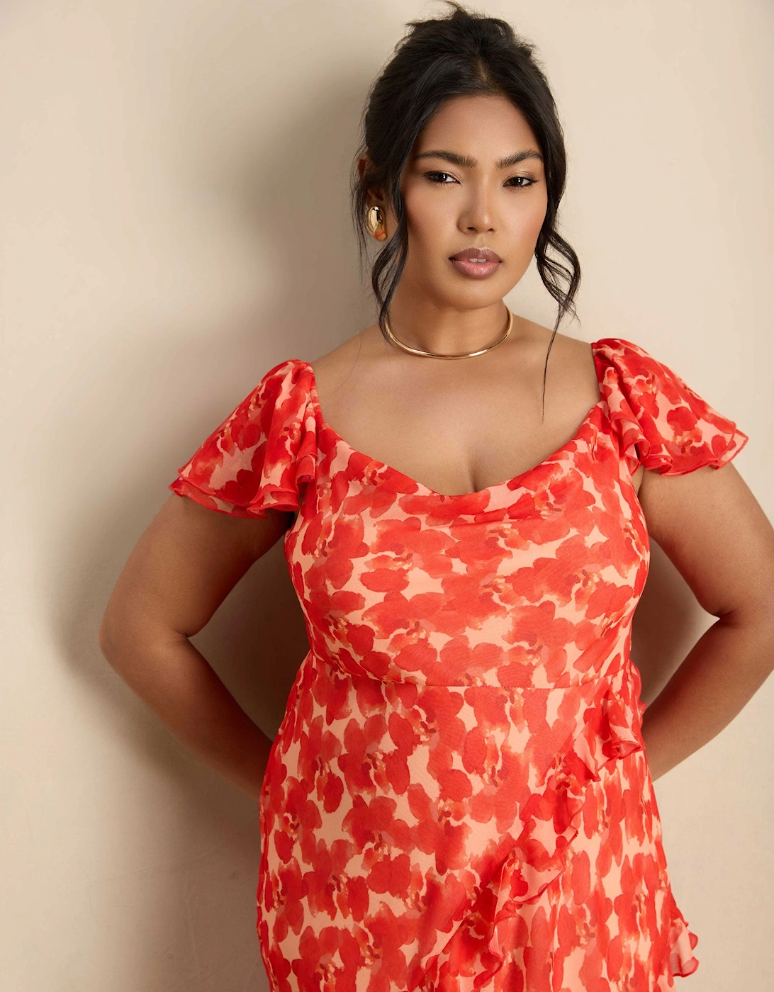 Red Floral Ruffle Sleeve Maxi Dress
