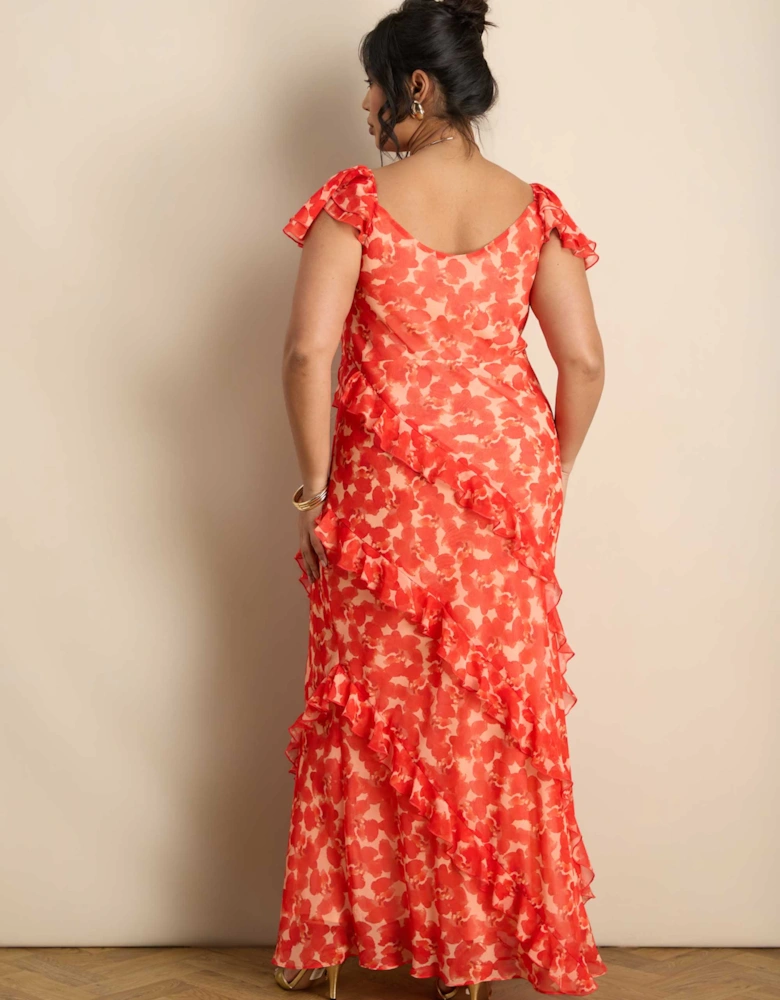Red Floral Ruffle Sleeve Maxi Dress