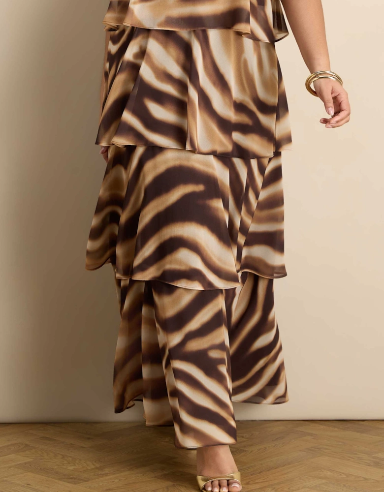 Brown Abstract Print Halter Tiered Maxi Dress