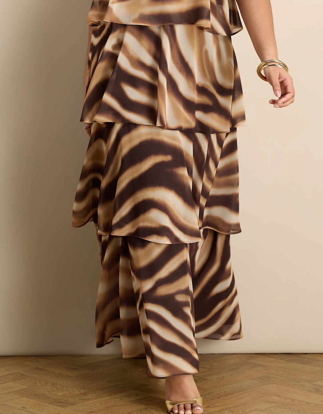 Brown Abstract Print Halter Tiered Maxi Dress