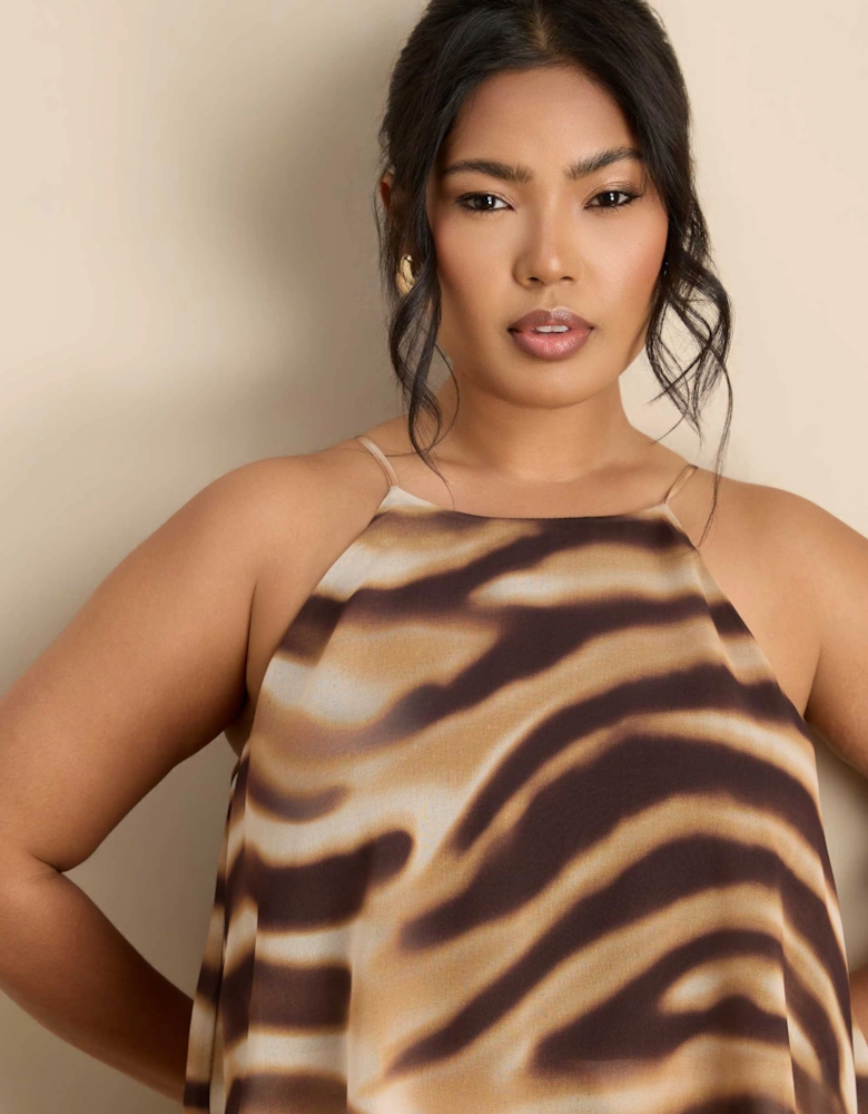 Brown Abstract Print Halter Tiered Maxi Dress