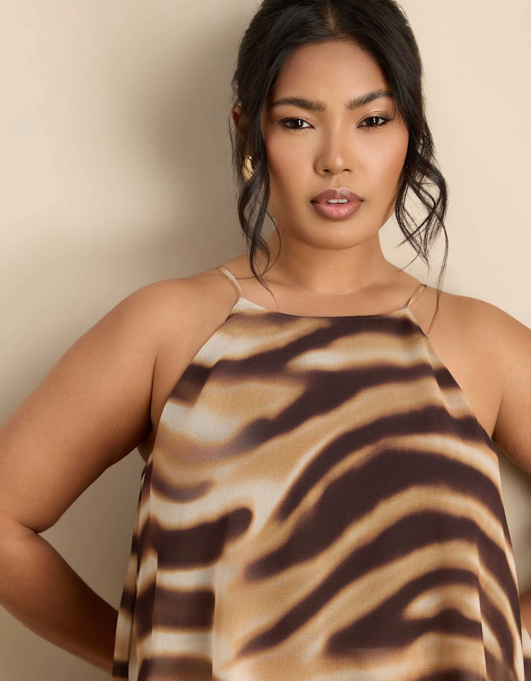 Brown Abstract Print Halter Tiered Maxi Dress