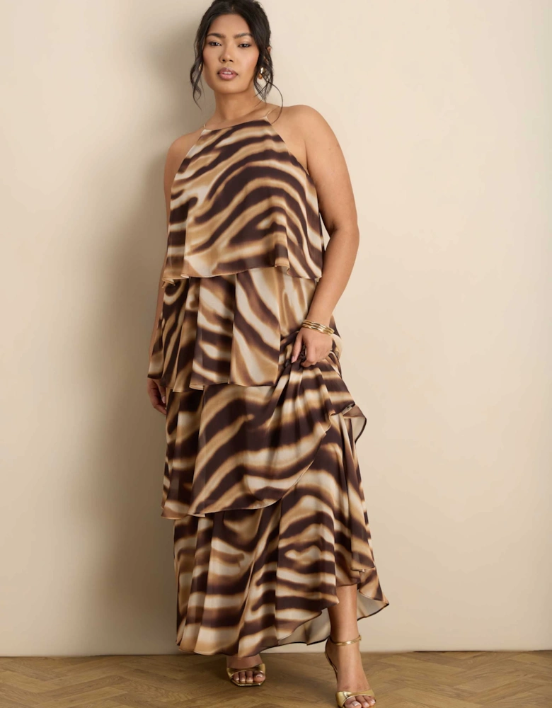 Brown Abstract Print Halter Tiered Maxi Dress