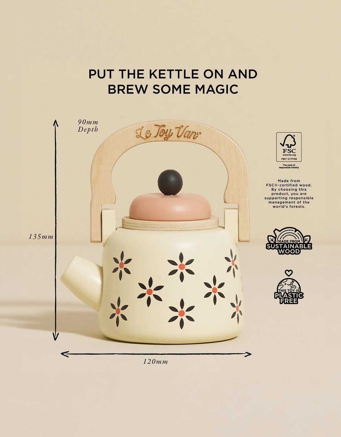 Le Toy Van Vintage Wooden Kettle (W:12cm x D:9cm x H:13.5cm)
