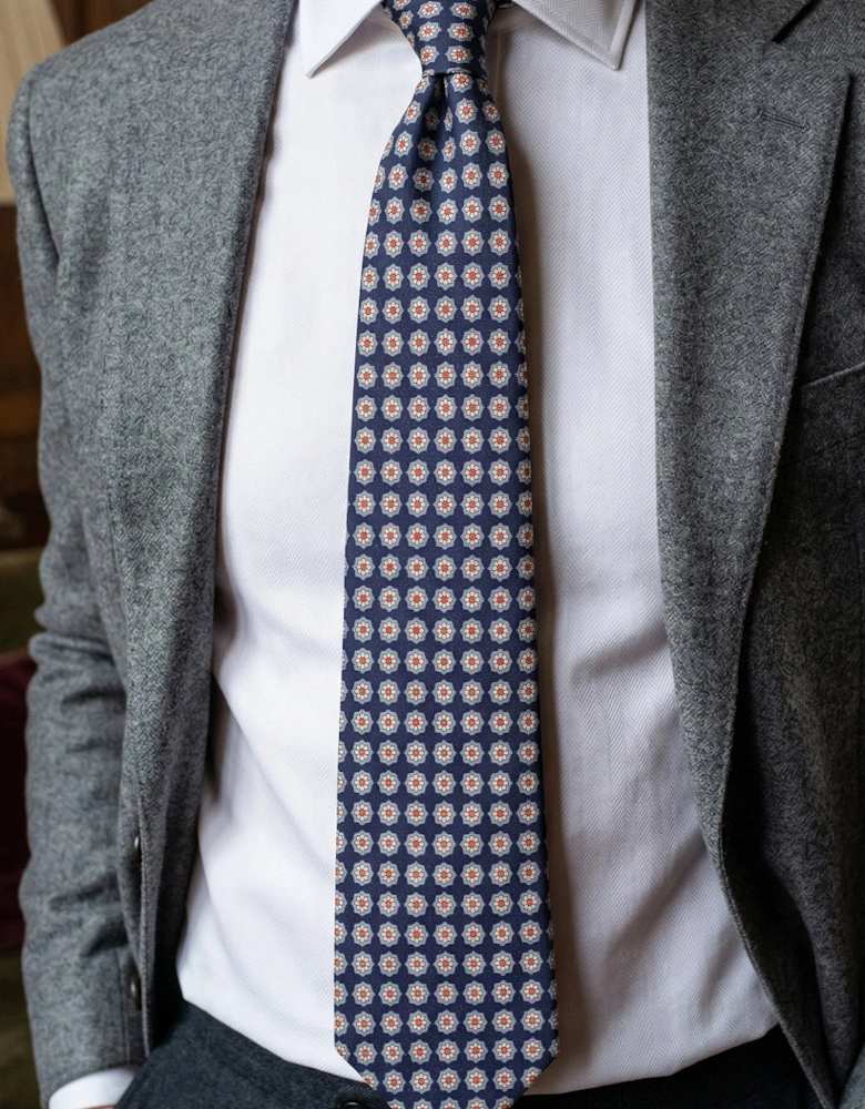 Navy Floral Print Silk Tie