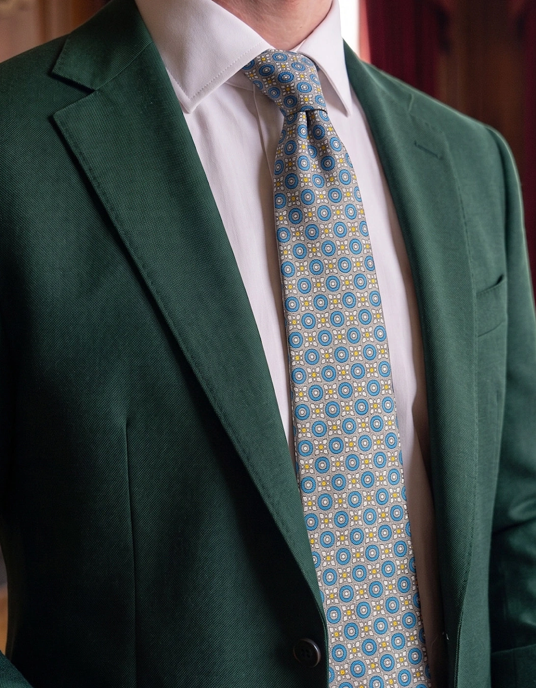 Blue Yellow Geometric Print Silk Tie