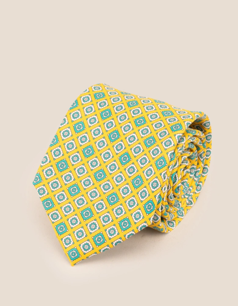Yellow Motif Print Silk Tie