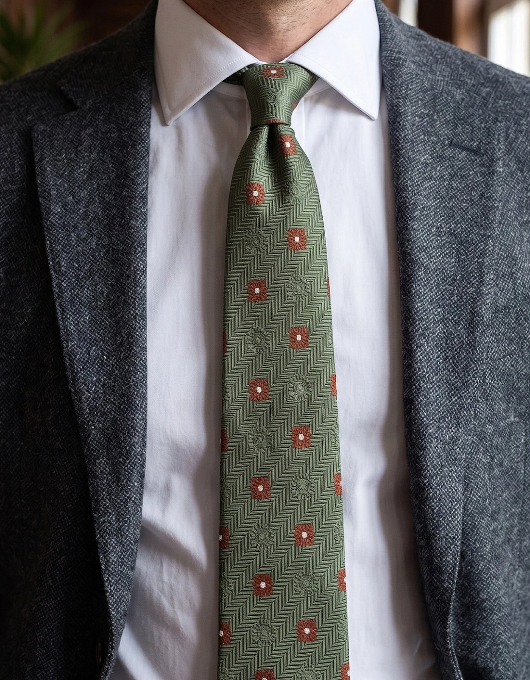 Stripes and Squares Green Tie