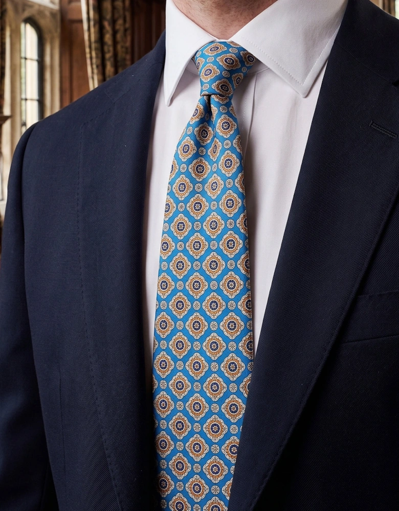 Cyan Geometric Pattern Silk Tie