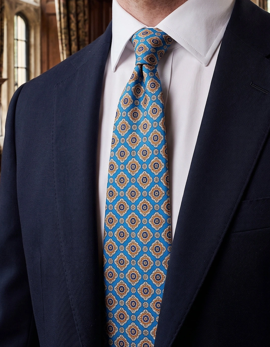 Cyan Geometric Pattern Silk Tie