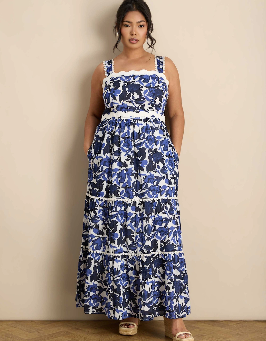 Blue Cotton Floral Print Tiered Maxi Dress