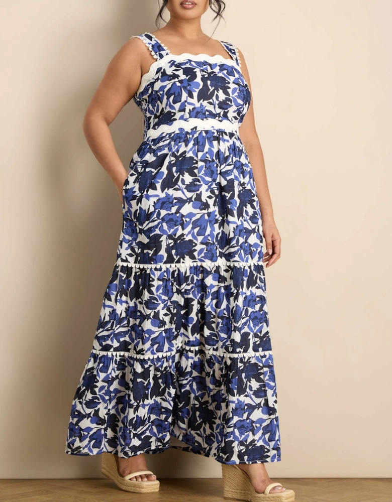 Blue Cotton Floral Print Tiered Maxi Dress
