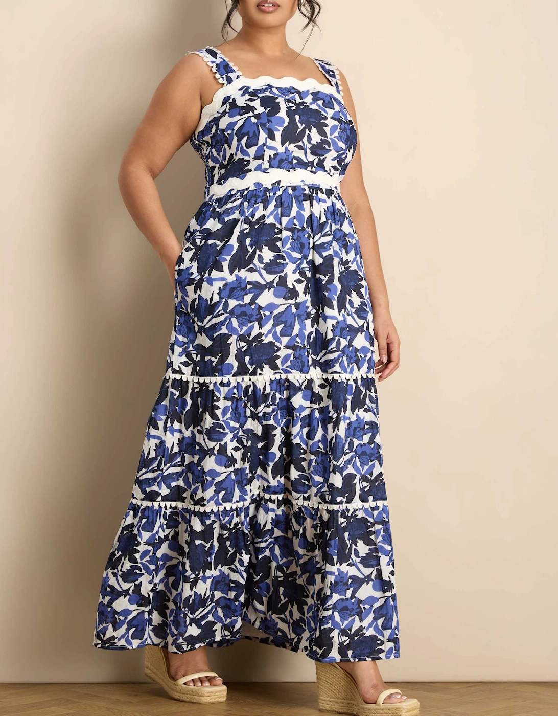 Blue Cotton Floral Print Tiered Maxi Dress