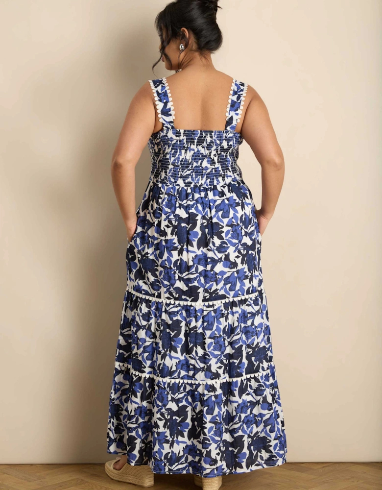 Blue Cotton Floral Print Tiered Maxi Dress