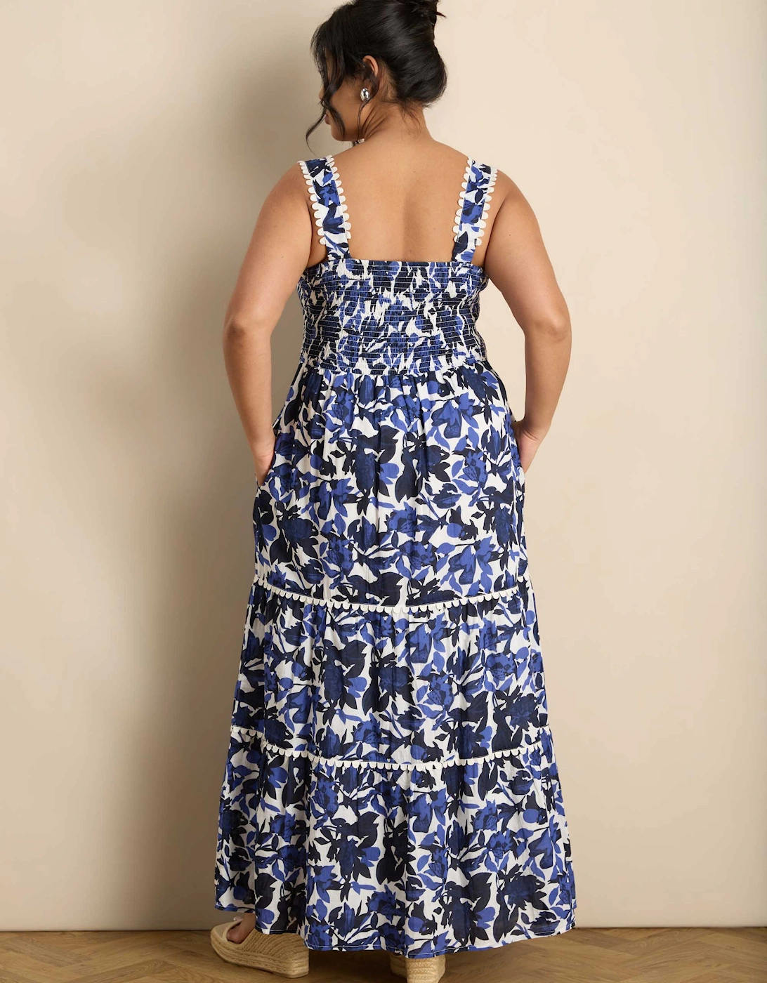 Blue Cotton Floral Print Tiered Maxi Dress