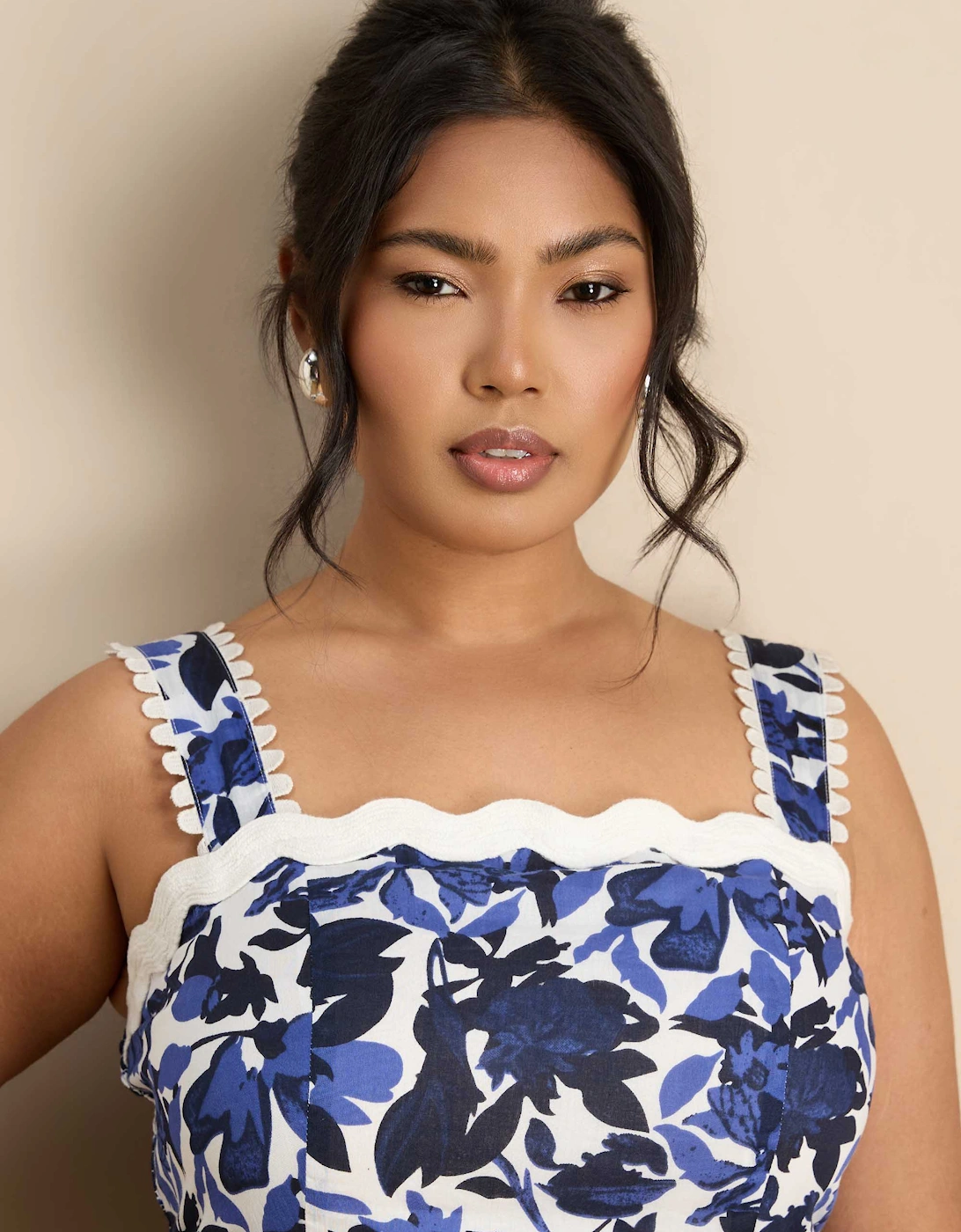 Blue Cotton Floral Print Tiered Maxi Dress