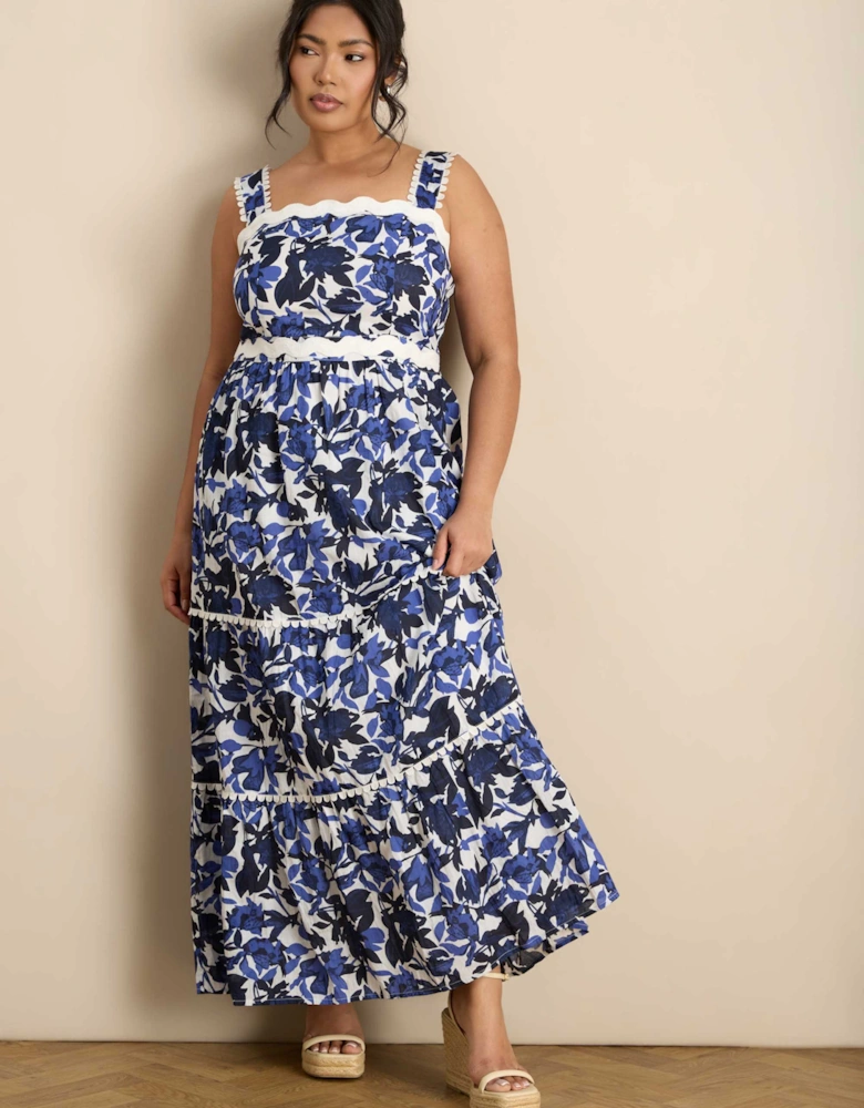 Blue Cotton Floral Print Tiered Maxi Dress